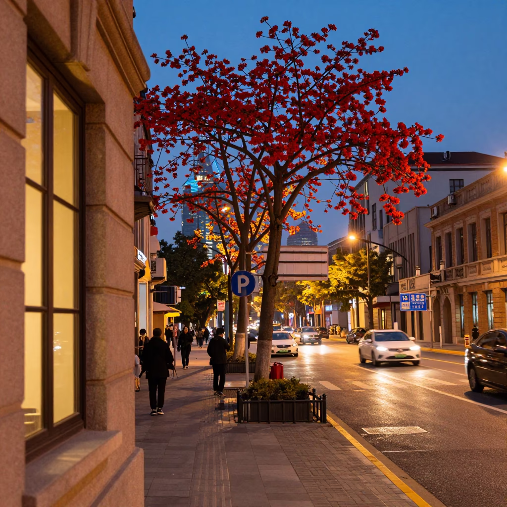 Evening street scene in Shanghai China with flame tree and window light in in Shanghai, China