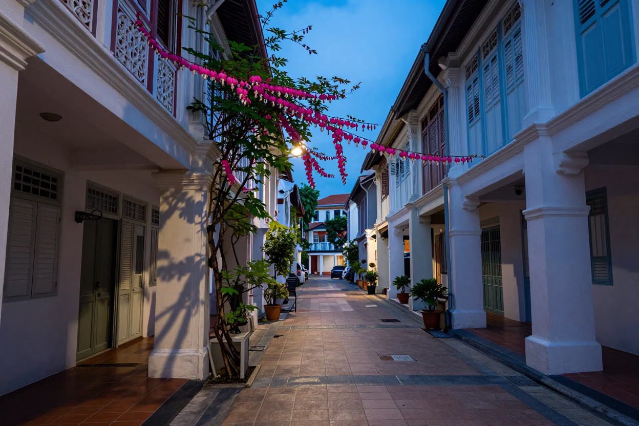 Evening Street Scene in Singapore with Bleeding Heart Vine and Clay Pot in in Singapore, Singapore