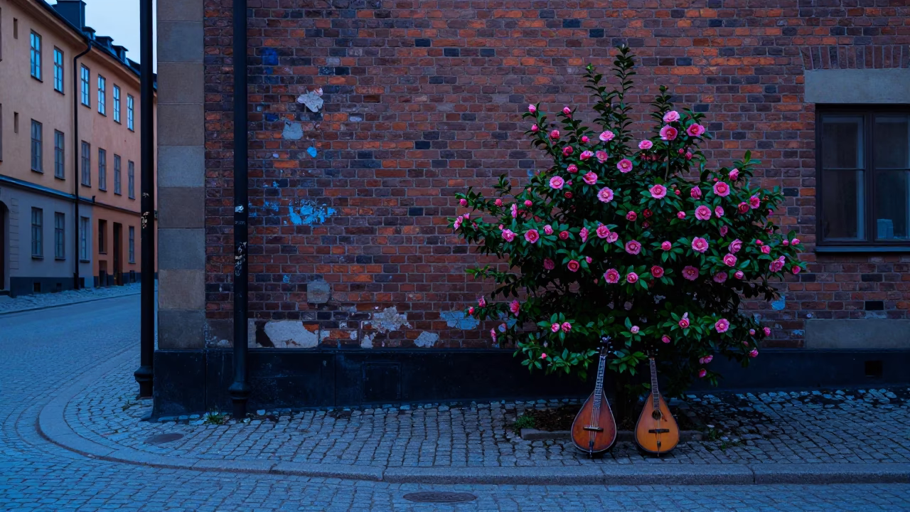 Evening Street Scene in Stockholm Sweden with Camellia Shrub and Mandolin Case in in Stockholm, Sweden