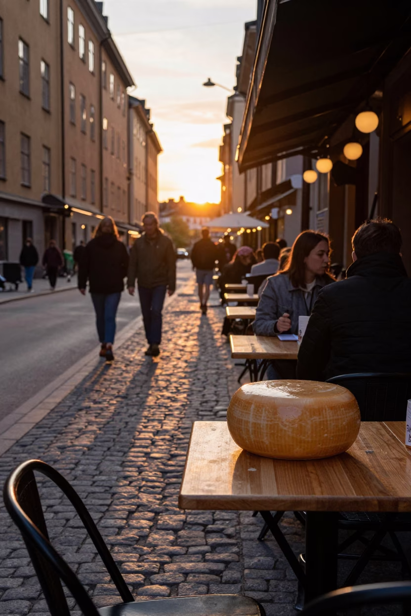 Evening Street Scene in Stockholm Sweden with Ceramic Beehive Cheese Dome and Slate Board in in Stockholm, Sweden