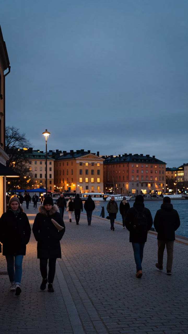 Evening Street Scene in Stockholm Sweden with City Lights and Waterfront Reflections in in Stockholm, Sweden