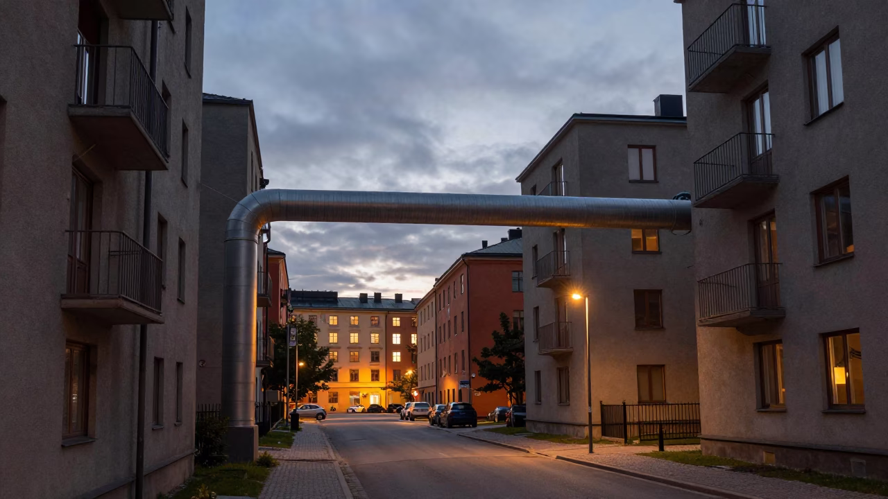 Evening Street Scene in Stockholm Sweden With District Heating Pipes And Vintage Motorcycle in in Stockholm, Sweden
