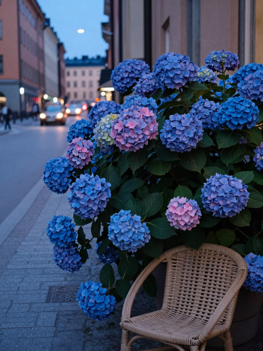 Evening Street Scene in Stockholm Sweden with Hydrangea Bush and Rattan Chair in in Stockholm, Sweden