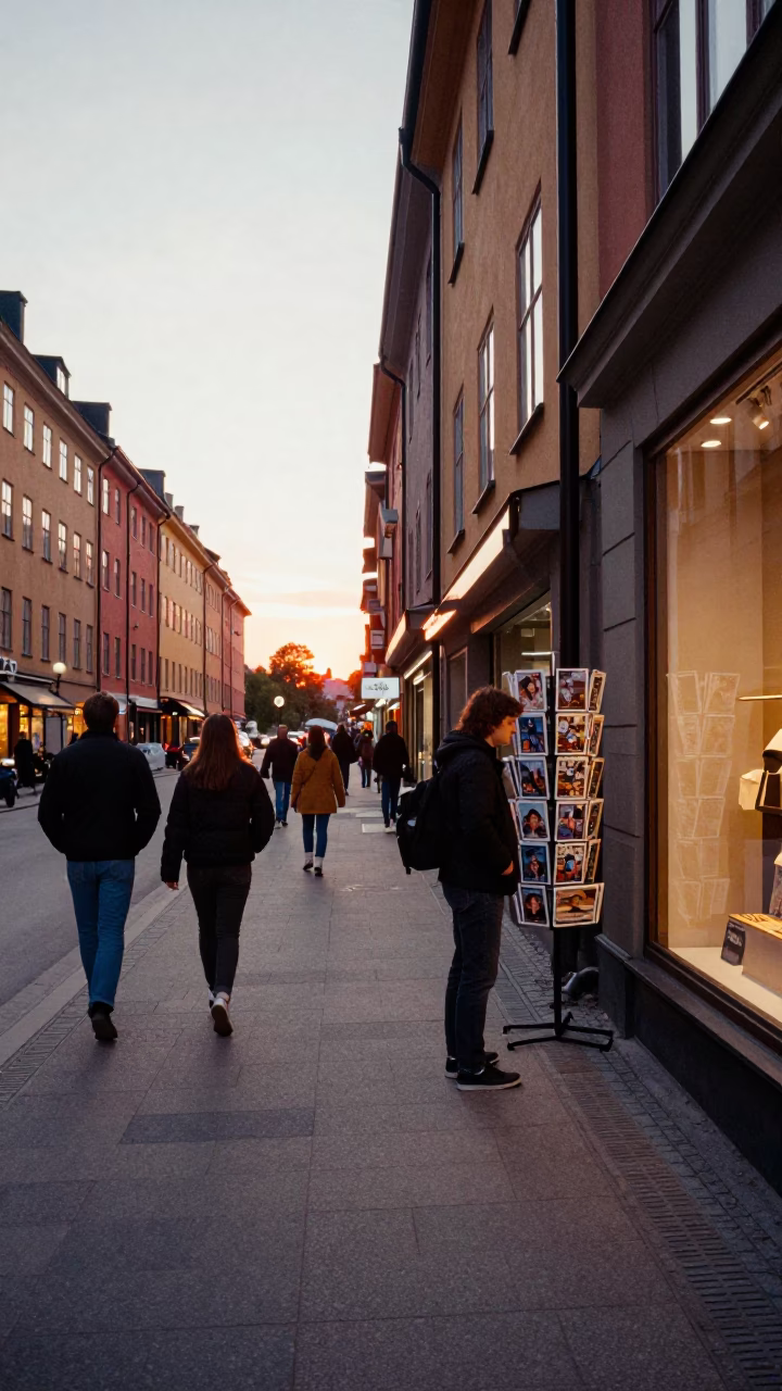 Evening street scene in Stockholm Sweden with pedestrians and colorful storefronts in in Stockholm, Sweden