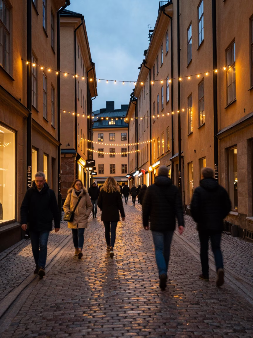 Evening Street Scene in Stockholm Sweden with String Lights and Busy Pedestrians in in Stockholm, Sweden