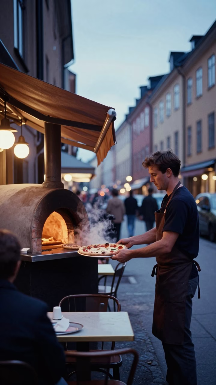 Evening Street Scene in Stockholm Sweden with Traditional Brick Oven Pizza and Local Diners in in Stockholm, Sweden