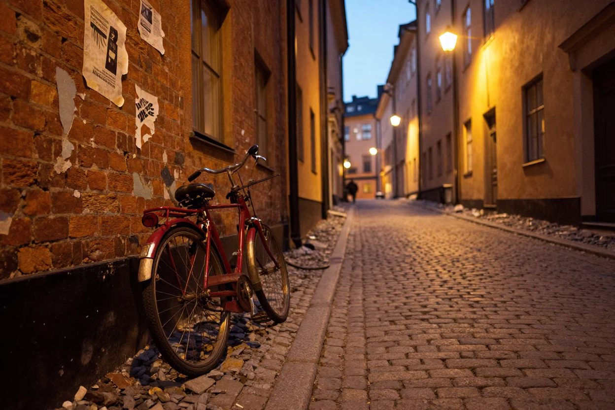 Evening Street Scene in Stockholm Sweden with Vintage Bicycle and Cobblestone Alley at Twilight in in Stockholm, Sweden