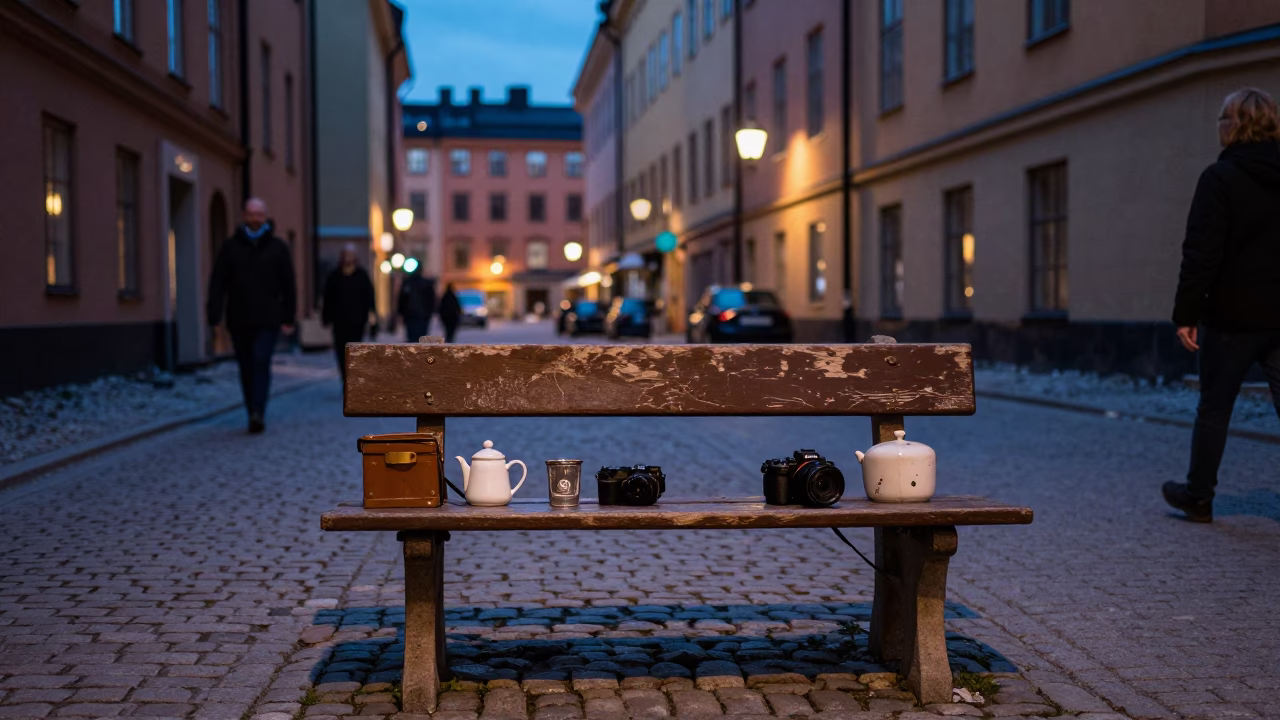 Evening Street Scene in Stockholm Sweden with Vintage Items and City Lights in in Stockholm, Sweden