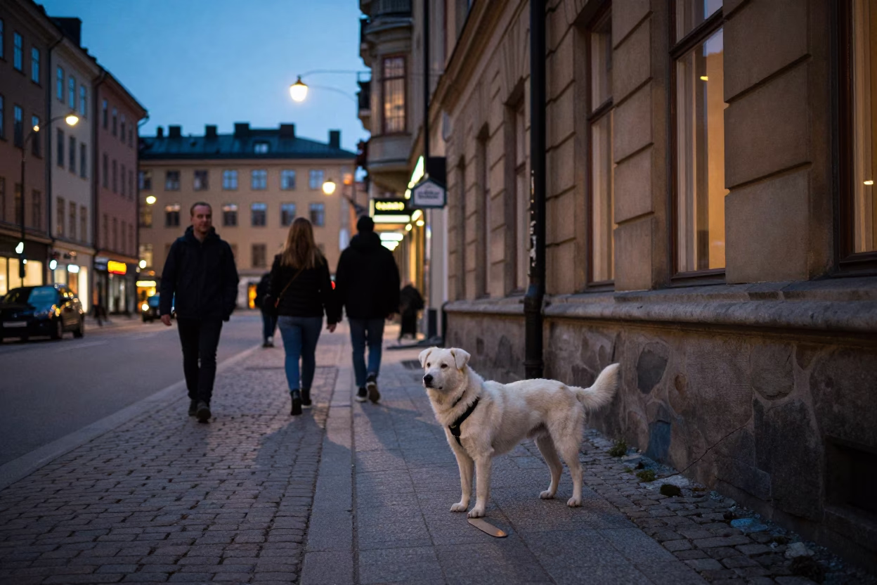 Evening Street Scene in Stockholm Sweden with White Dog and Copper Pots in in Stockholm, Sweden