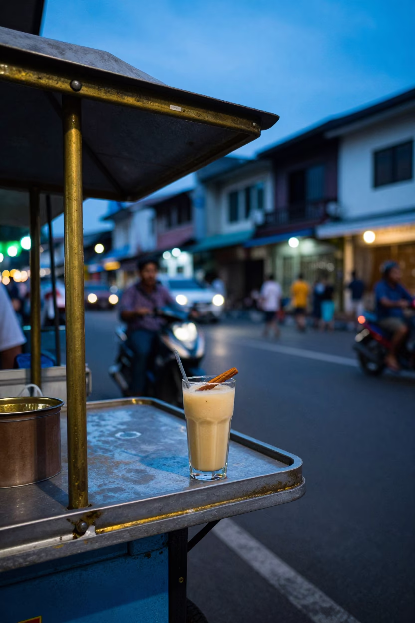 Evening Street Scene in Surabaya Indonesia with Brass Details and Local Market Activity in in Surabaya, Indonesia