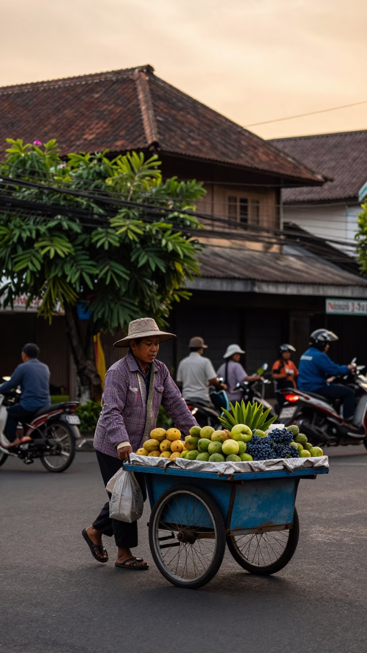 Evening Street Scene in Surabaya Indonesia with Local Vendor and Traditional Architecture in in Surabaya, Indonesia