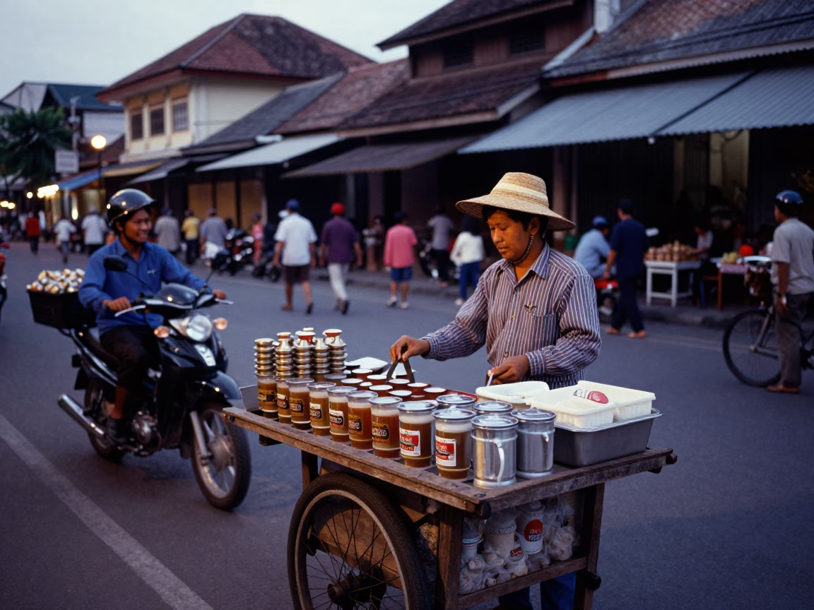 Evening Street Scene in Surabaya Indonesia with Local Vendor and Traditional Tea Service in in Surabaya, Indonesia