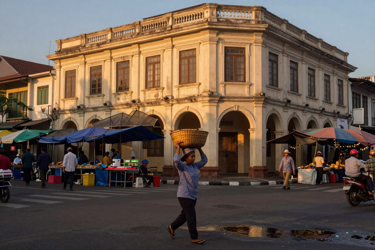 Evening Street Scene in Surabaya Indonesia with Market Woman and Water Tower in in Surabaya, Indonesia