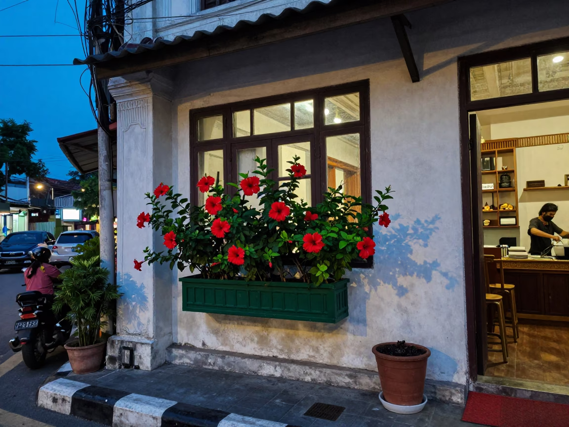 Evening Street Scene in Surabaya Indonesia with Window Box and Doormat in in Surabaya, Indonesia