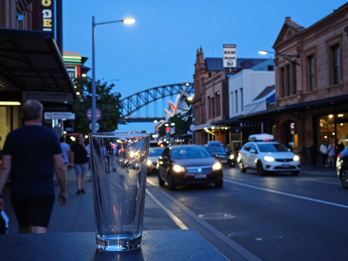 Evening Street Scene in Sydney NSW Australia with Glass Tumbler and Door Latch in in Sydney, New South Wales, Australia