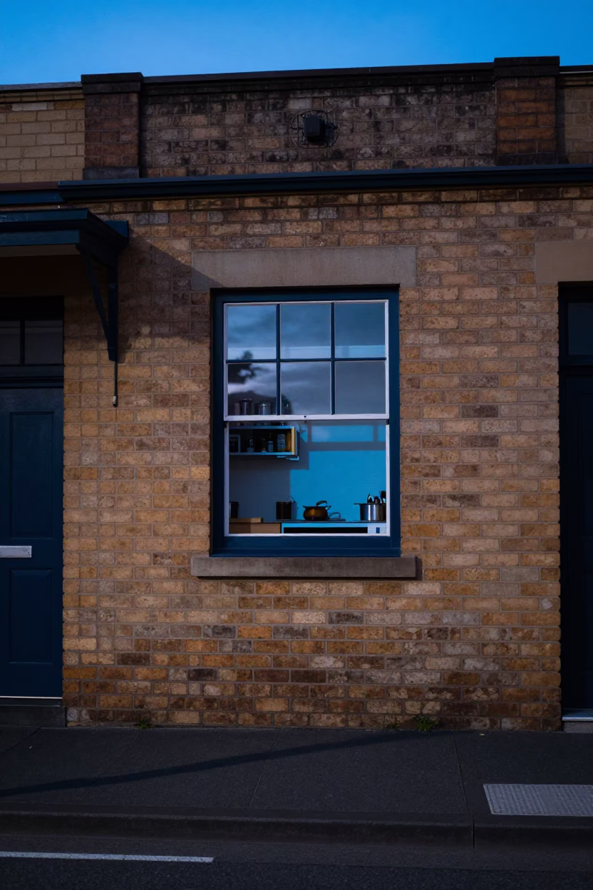 Evening Street Scene in Sydney NSW Australia with Latch Window Light and Tea Kettle in in Sydney, New South Wales, Australia