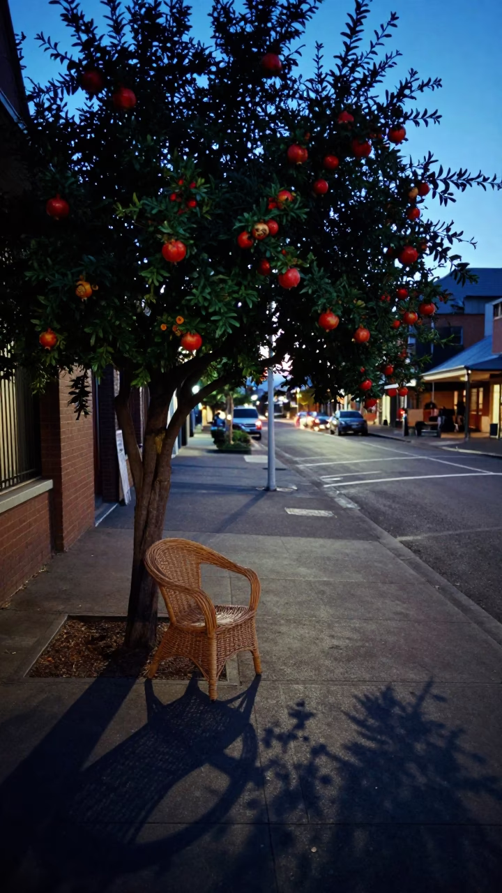 Evening street scene in Sydney with pomegranate tree and wicker shadow in in Sydney, New South Wales, Australia