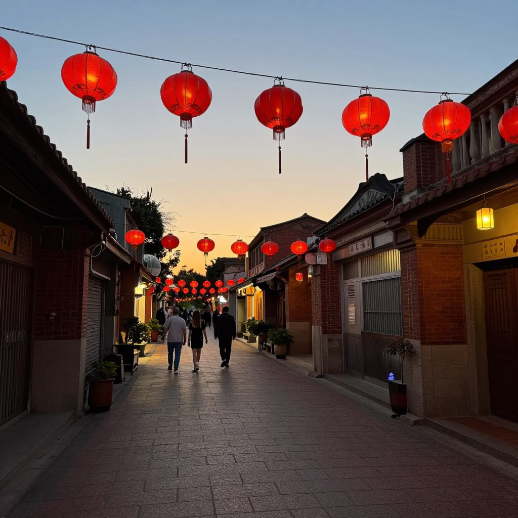 Evening Street Scene in Tainan Old Town with Lanterns and Local Diners in in Tainan, Taiwan