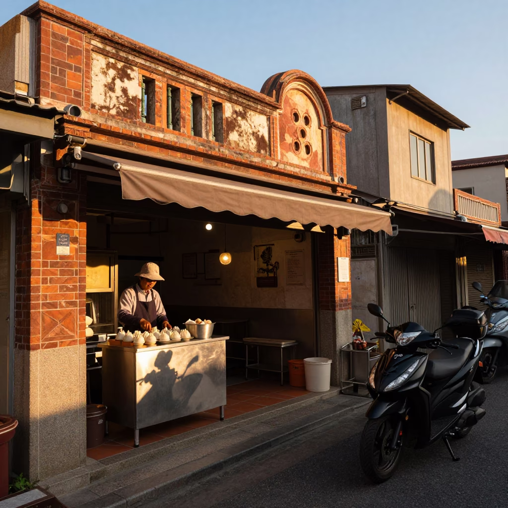 Evening Street Scene in Tainan Taiwan with Dim Sum and Motorcycles in in Tainan, Taiwan