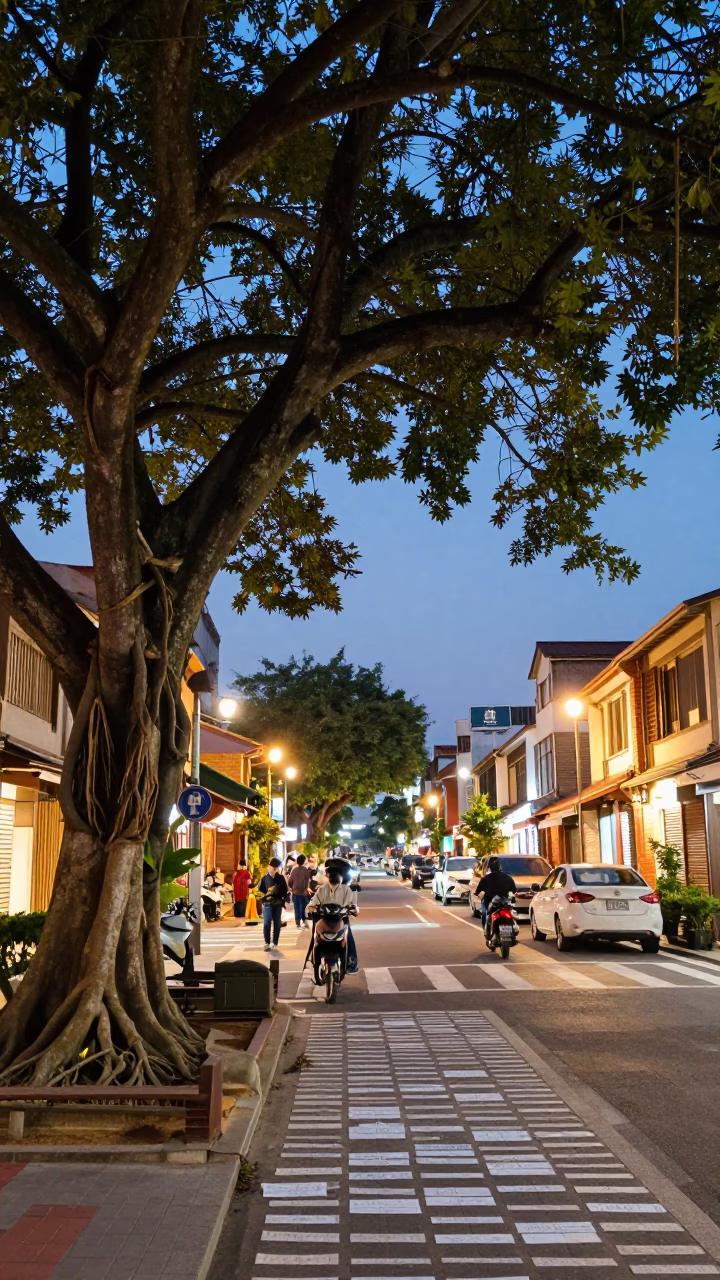 Evening Street Scene in Tainan Taiwan with Kapok Tree and Paper Lanterns in in Tainan, Taiwan