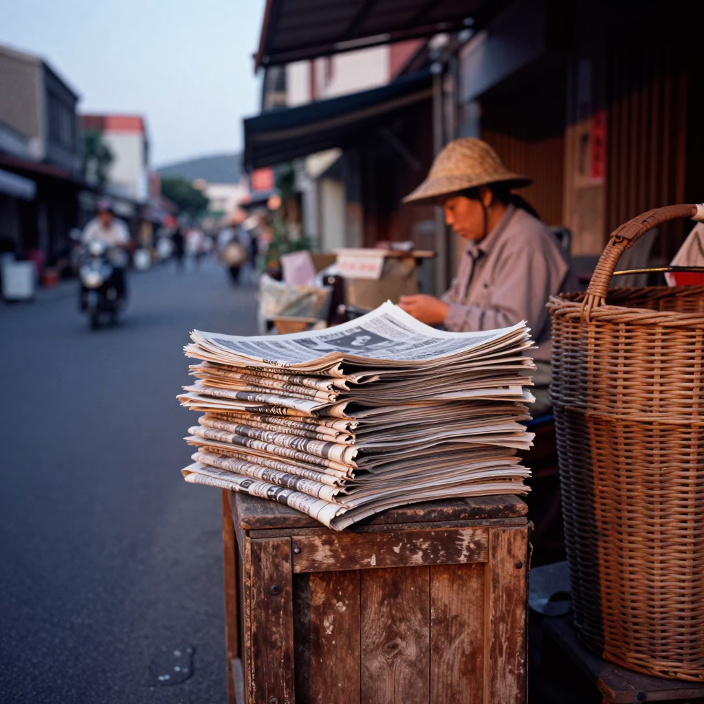 Evening Street Scene in Tainan Taiwan with Newspaper Stack and Wicker Hamper in in Tainan, Taiwan