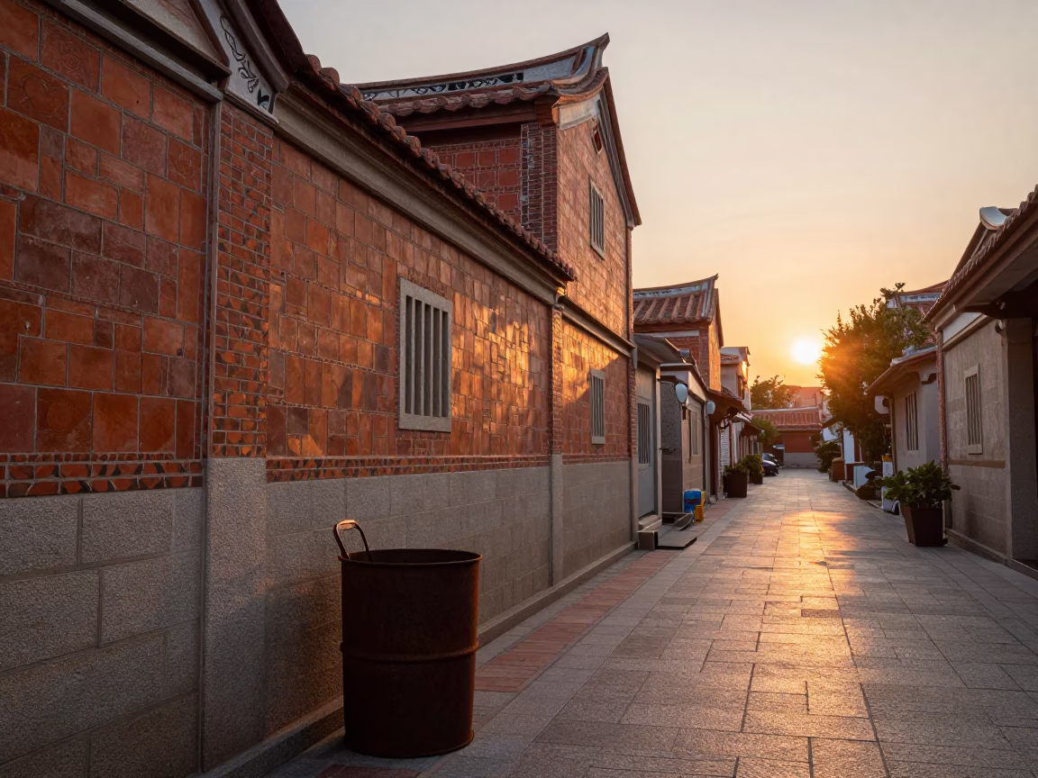 Evening Street Scene in Tainan Taiwan with Rusty Bucket and Traditional Architecture in in Tainan, Taiwan