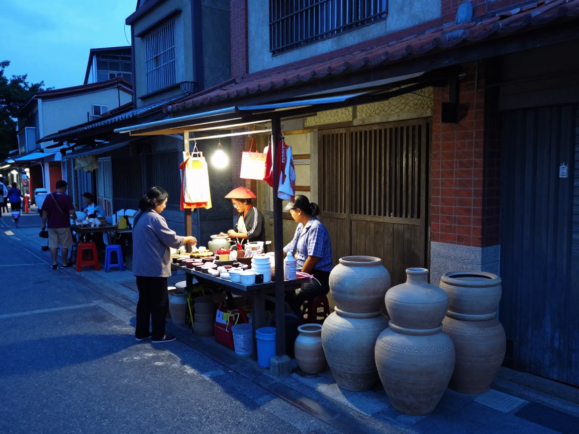 Evening Street Scene in Tainan Taiwan with Stoneware Crocks and Ceramic Plates in in Tainan, Taiwan