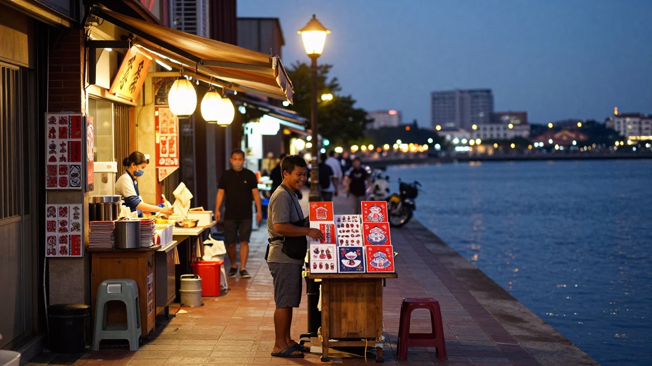 Evening street scene in Tainan Taiwan with tea shop and water taxi in in Tainan, Taiwan