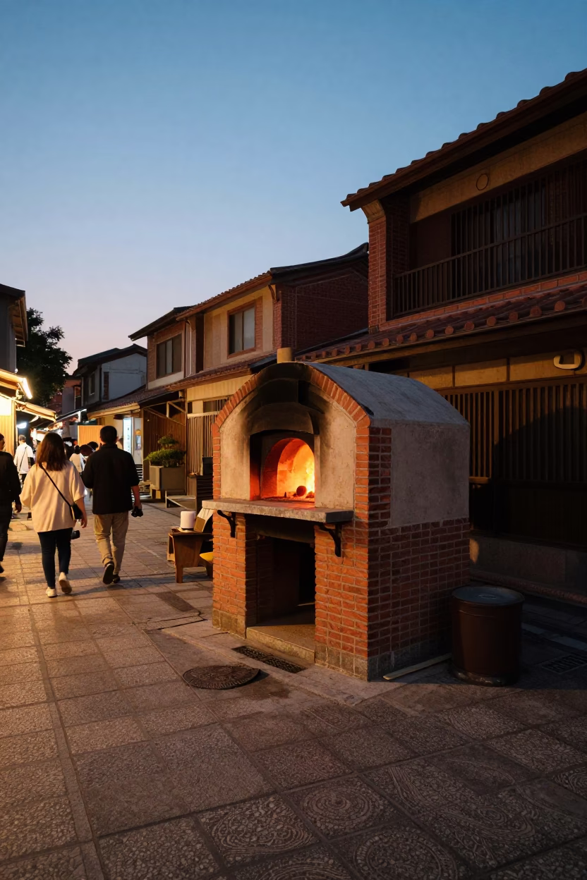 Evening Street Scene in Tainan Taiwan with Traditional Bread Oven and Local Vendor in in Tainan, Taiwan