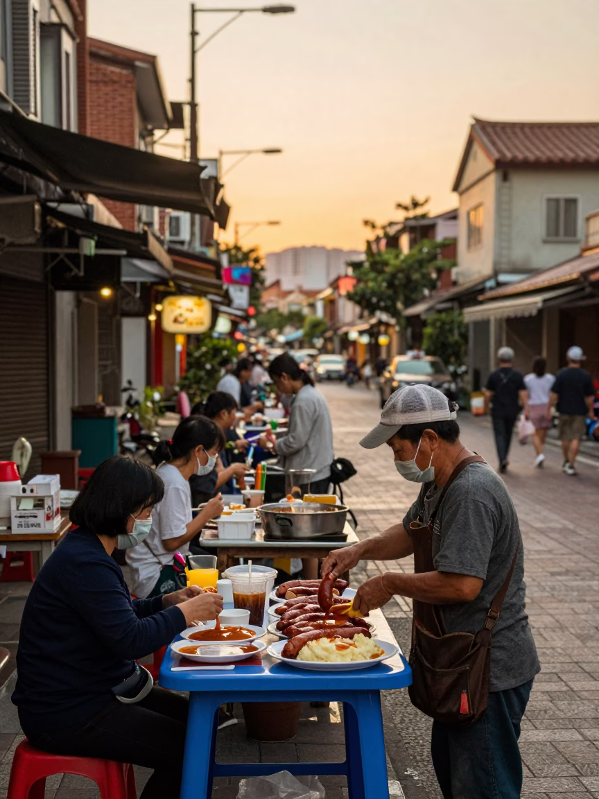 Evening Street Scene in Tainan Taiwan with Vintage Details and Local Commerce in in Tainan, Taiwan