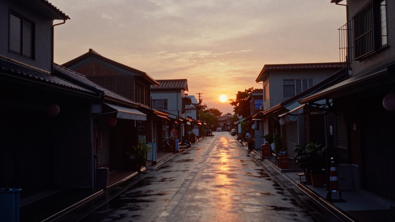 Evening street scene in Tainan Taiwan with wet asphalt and glowing storefronts in in Tainan, Taiwan