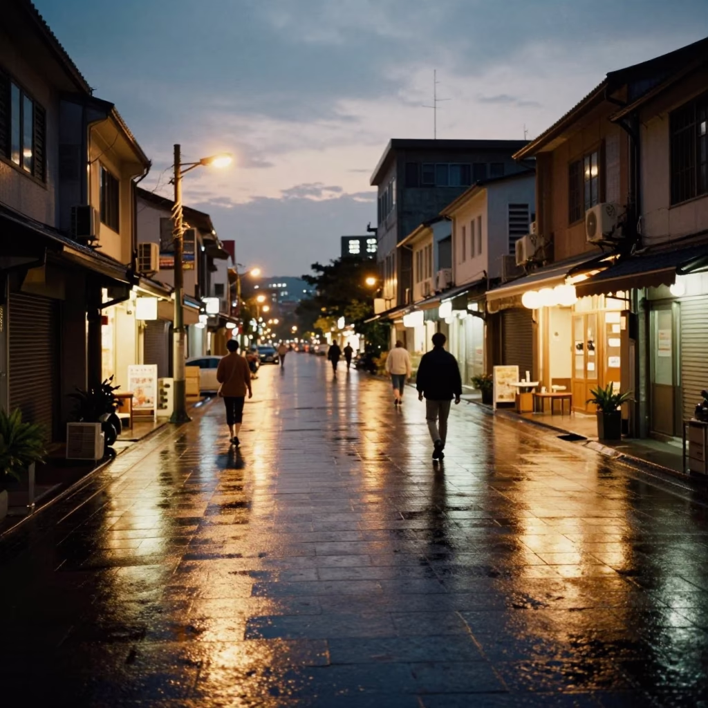 Evening Street Scene in Tainan Taiwan with Wet Flagstones and Glowing City Lights in in Tainan, Taiwan