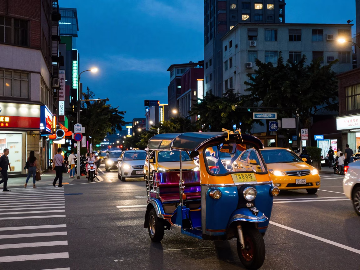 Evening street scene in Taipei with auto-rickshaw and city lights in in Taipei, Taiwan