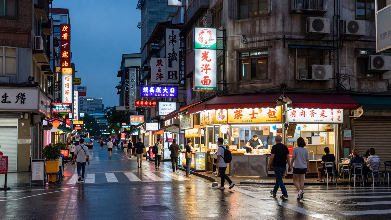 Evening Street Scene in Taipei with Neon Signs and Food Stall Activity in in Taipei, Taiwan