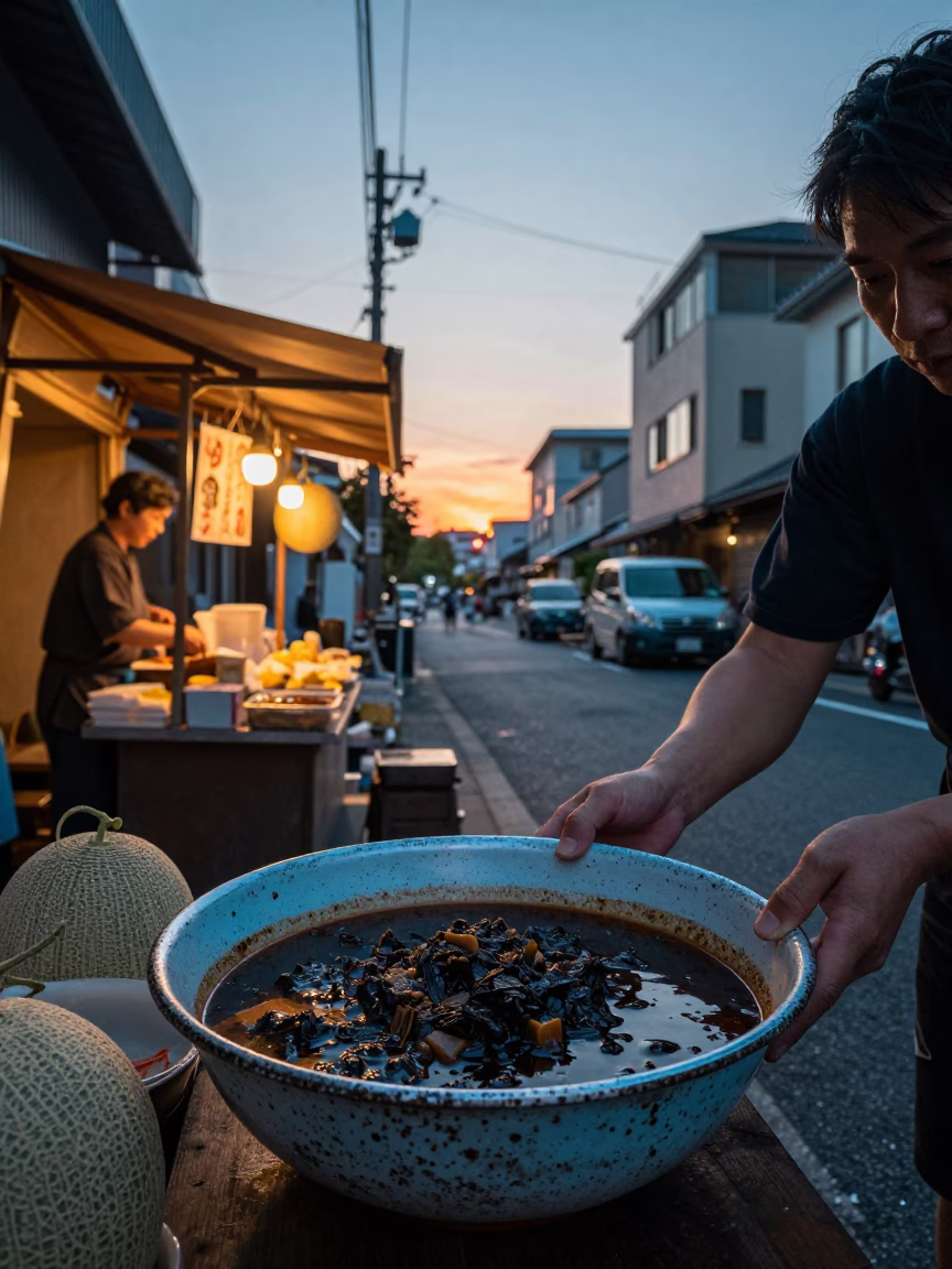 Evening Street Scene in Tokyo Japan with Rustic Bowl and Melons at Sunset in in Tokyo, Japan