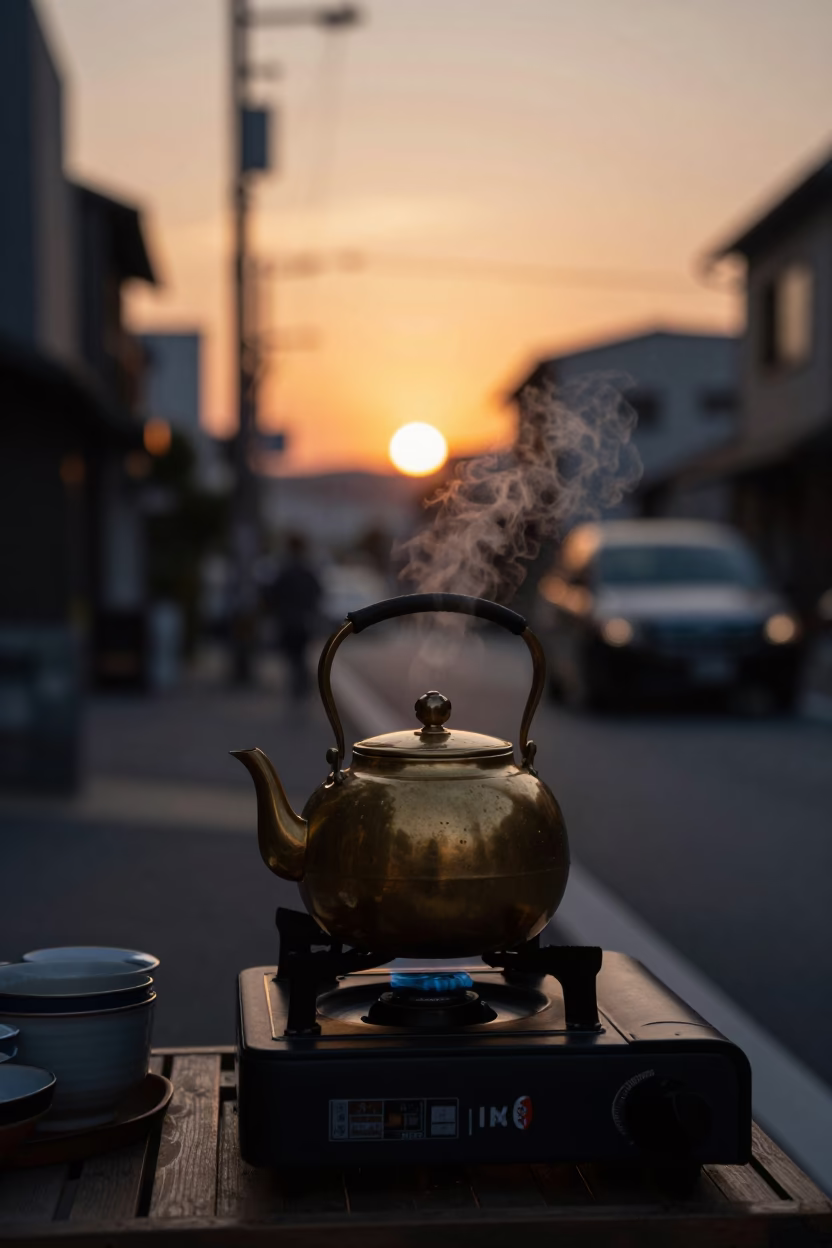 Evening Street Scene in Tokyo Japan with Traditional Tea Kettle and Grapes in in Tokyo, Japan
