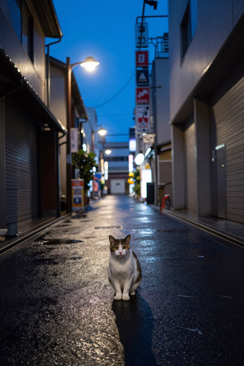 Evening Street Scene in Tokyo with Japanese Bobtail Cat and Neon Signs in in Tokyo, Japan