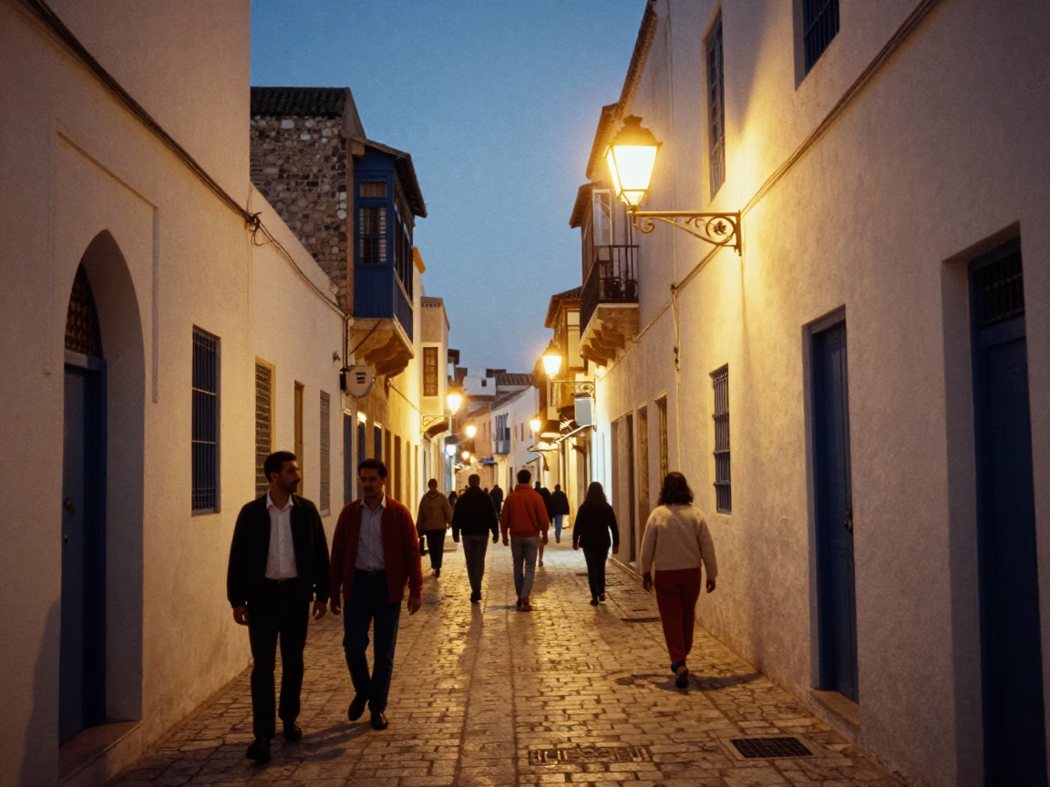 Evening Street Scene in Tunis Medina With Cardigans and Local Commerce in in Tunis, Tunisia