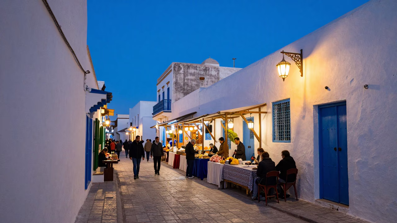 Evening Street Scene in Tunis Medina with Hanging Lanterns and Local Activity in in Tunis, Tunisia