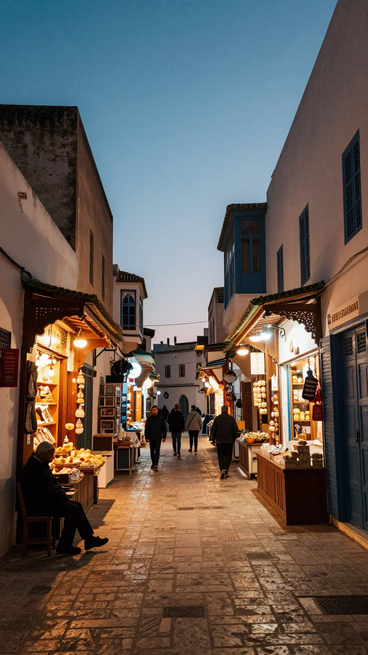 Evening Street Scene in Tunis Medina with Traditional Shopkeeper and Warm City Lights in in Tunis, Tunisia