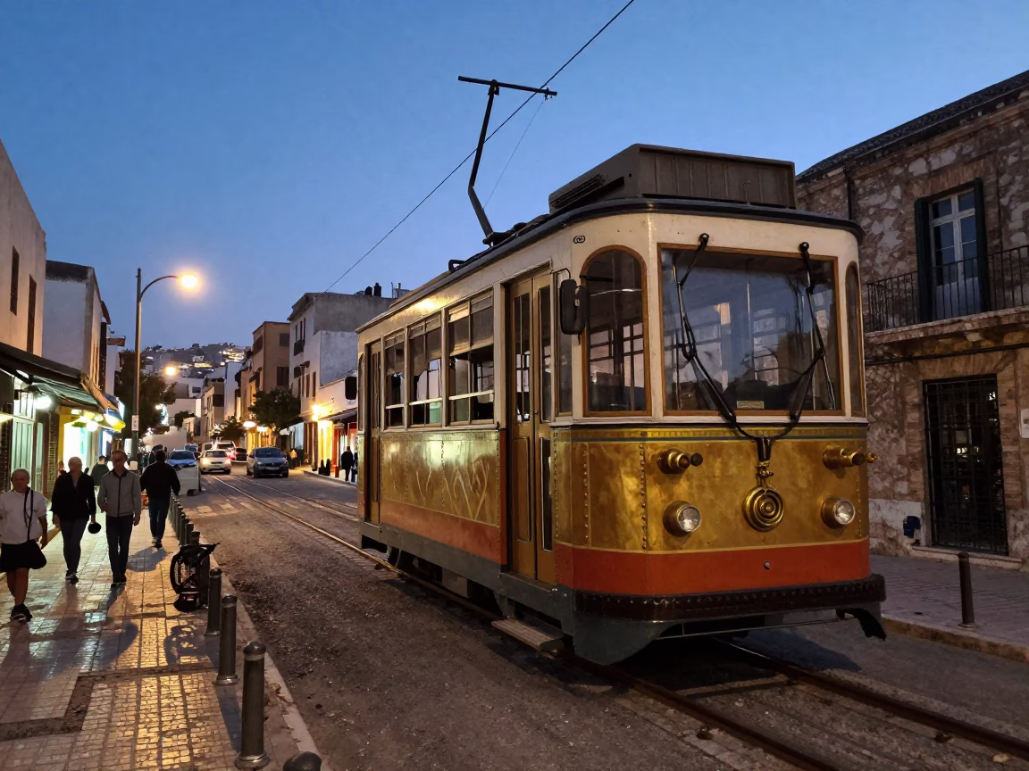 Evening Street Scene in Tunis Tunisia with Funicular and Brass Details in in Tunis, Tunisia