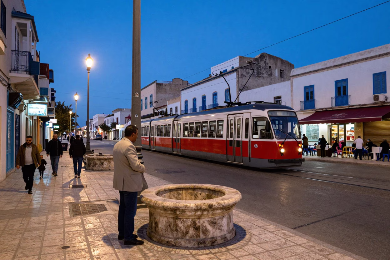 Evening Street Scene in Tunis Tunisia with Funicular and Local Life in in Tunis, Tunisia