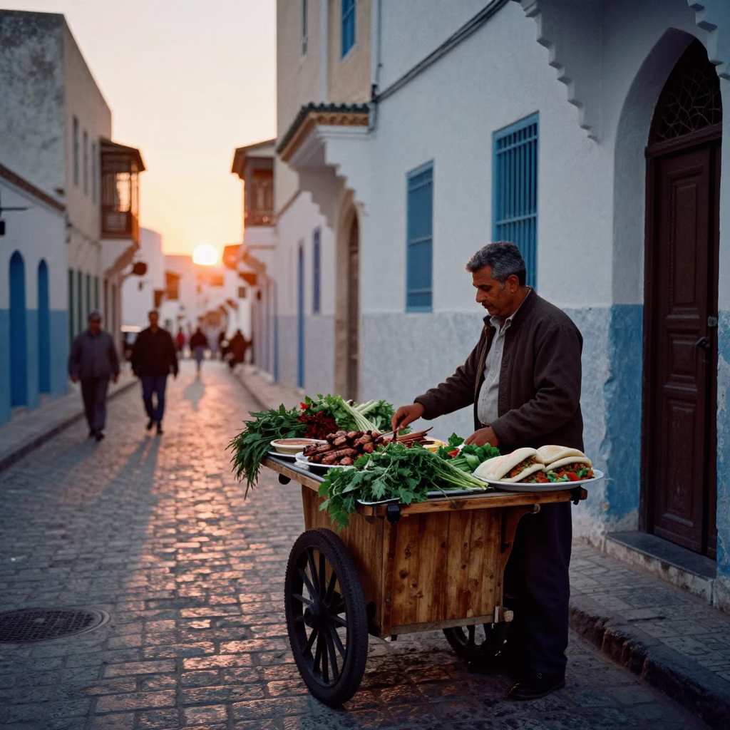 Evening Street Scene in Tunis Tunisia with Local Vendor and Traditional Food in in Tunis, Tunisia