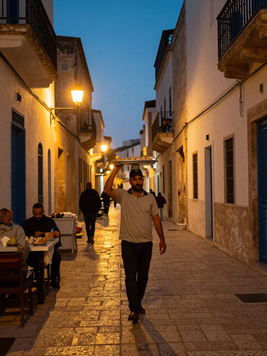 Evening Street Scene in Tunis Tunisia with Momos and City Lights in in Tunis, Tunisia
