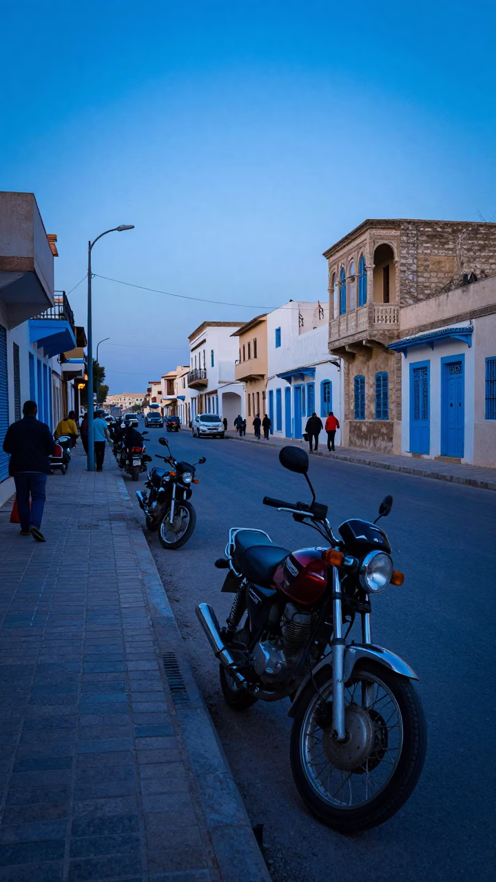 Evening Street Scene in Tunis Tunisia with Motorcycle and Local Life in in Tunis, Tunisia