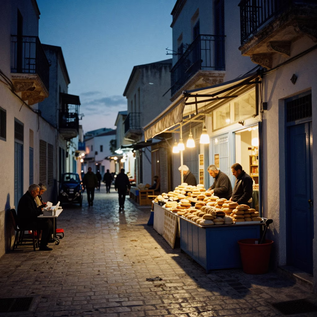 Evening Street Scene in Tunis Tunisia with Pastries and Local Life in in Tunis, Tunisia
