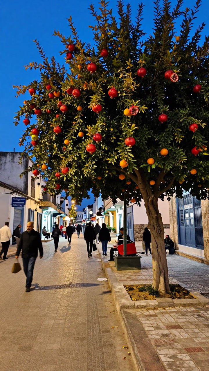 Evening Street Scene in Tunis Tunisia with Pomegranate Tree and Oranges at Blue Hour in in Tunis, Tunisia