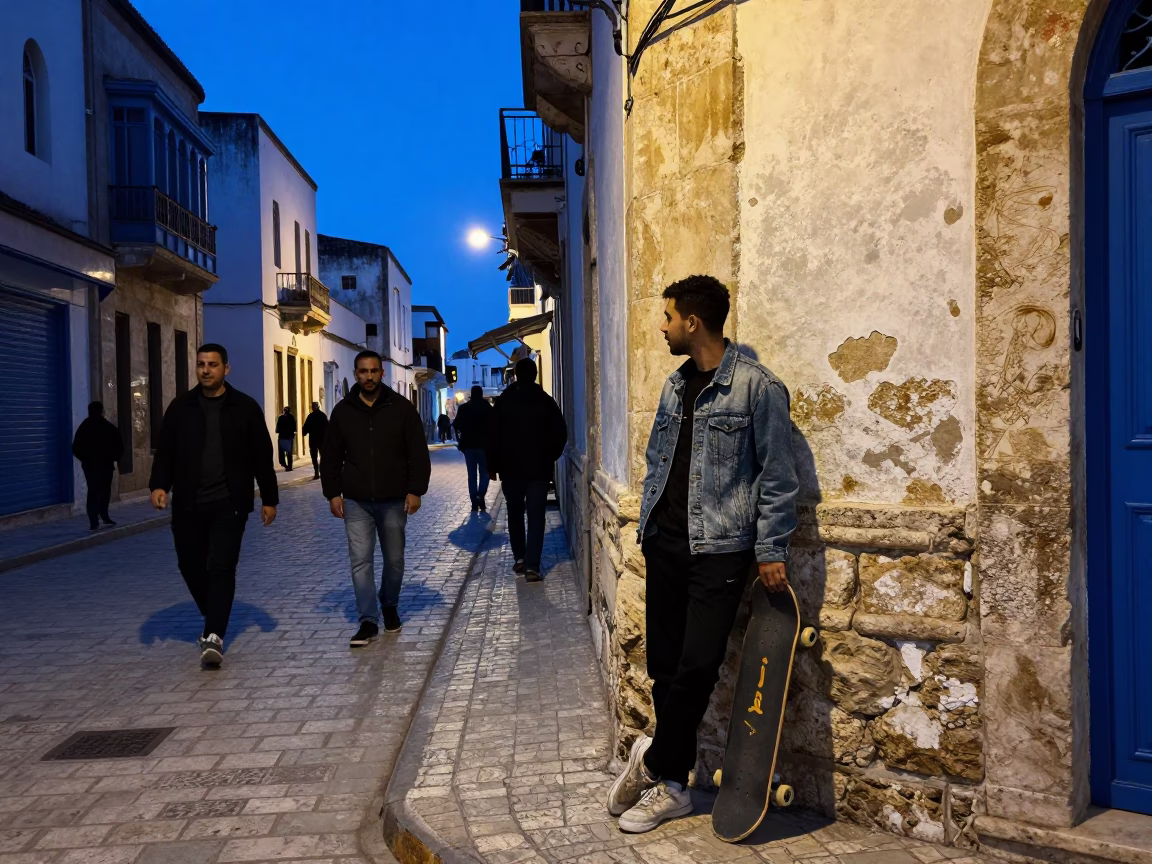 Evening Street Scene in Tunis Tunisia with Skateboard and Peaches in in Tunis, Tunisia