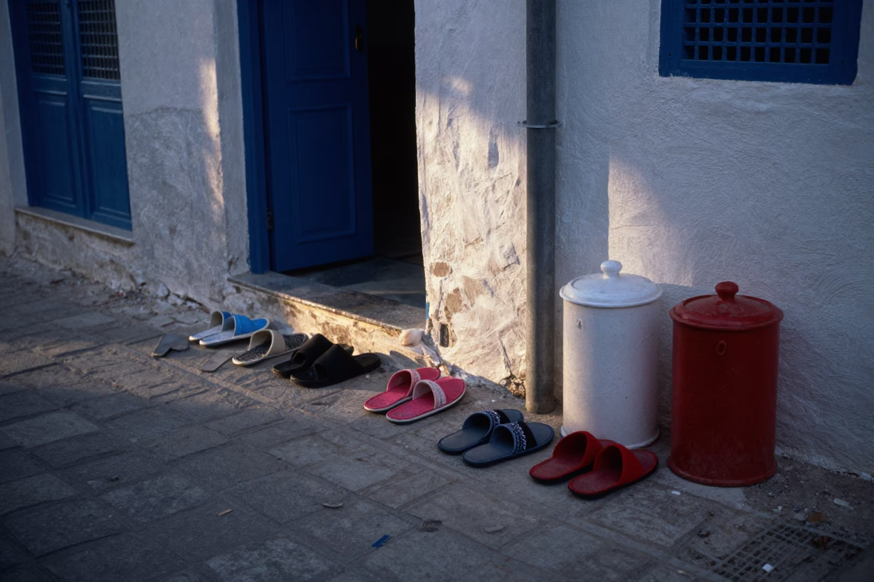 Evening Street Scene in Tunis Tunisia with Slippers and Canisters in in Tunis, Tunisia
