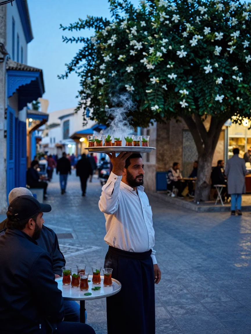 Evening Street Scene in Tunis Tunisia with Traditional Tea and Gardenia Bush in in Tunis, Tunisia